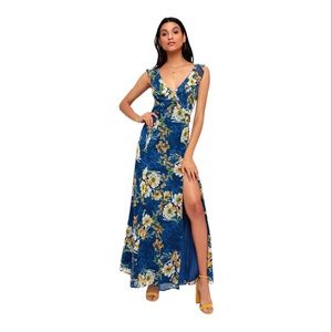 Lulus Feeling Fleur-ty Navy Blue Floral Print Ruffled Maxi Dress Size XS
